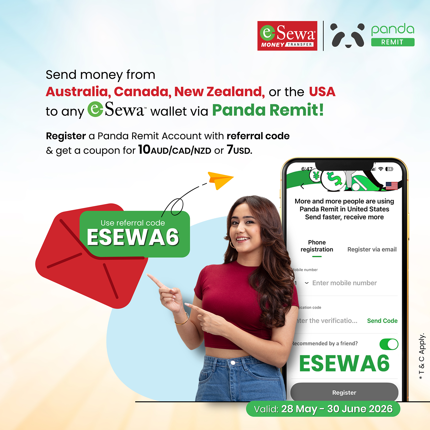 Register a new account on Panda Remit using the exclusive referral code ESEWA6, you will instantly receive a welcome coupon based on your location: - Featured Image